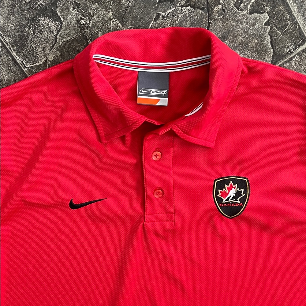 NIKE BAUER HOCKEY TEAM CANADA Dri-Fit Polo Shirt Olympics Sports Fan Athleisure